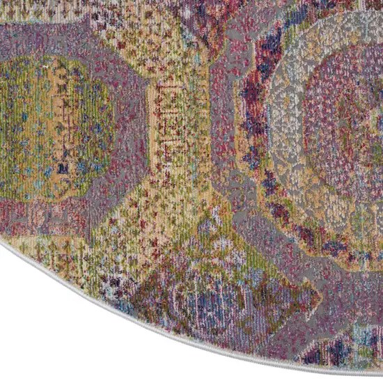 6' Blue Red and Orange Geometric Distressed Non Skid Round Rug Photo 7