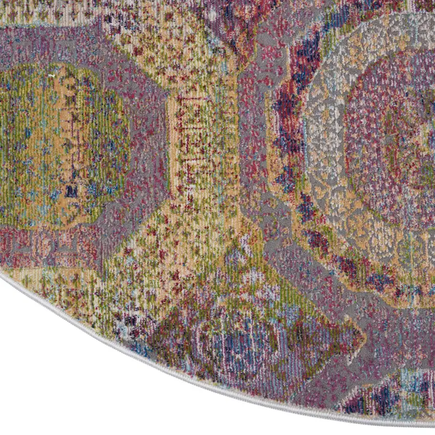 6' Blue Red and Orange Geometric Distressed Non Skid Round Rug Photo 7