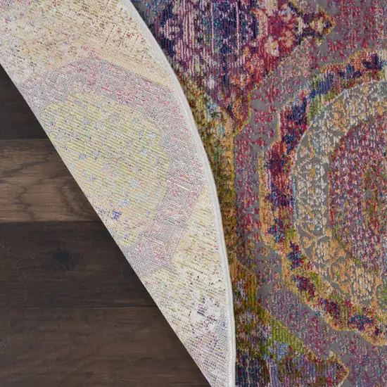 6' Blue Red and Orange Geometric Distressed Non Skid Round Rug Photo 8