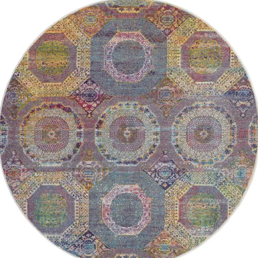 6' Blue Red and Orange Geometric Distressed Non Skid Round Rug Photo 8