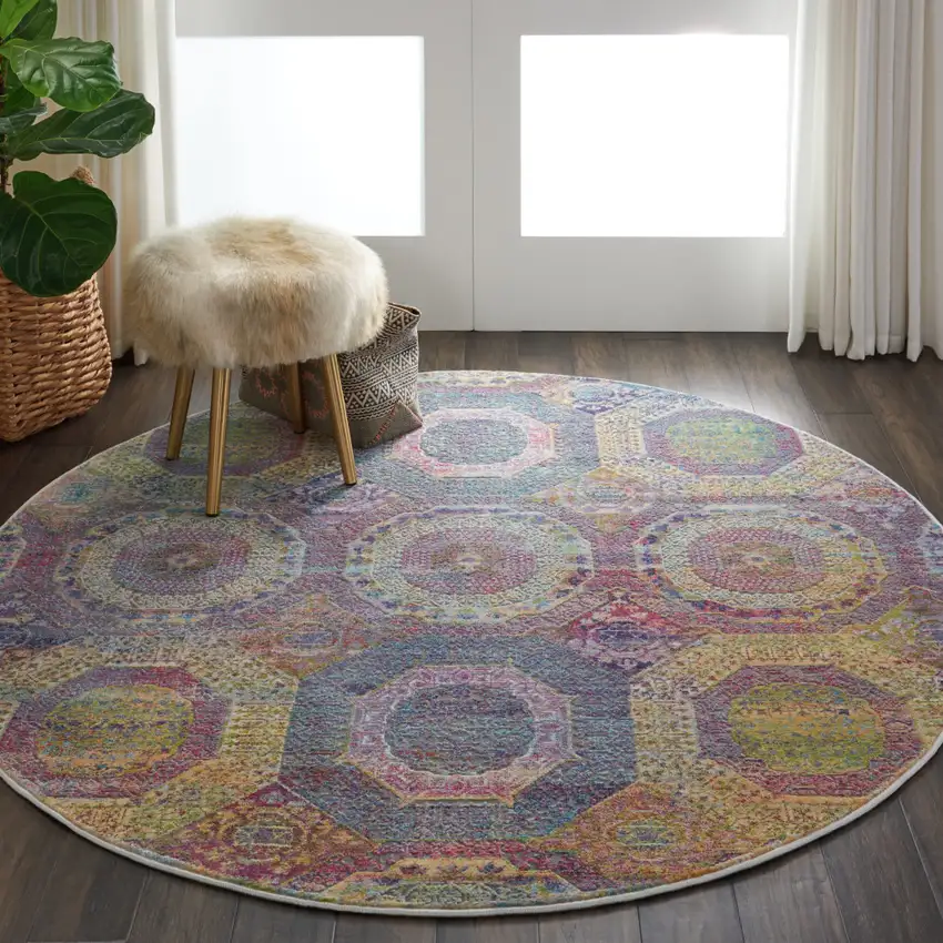 6' Blue Red and Orange Geometric Distressed Non Skid Round Rug Photo 5