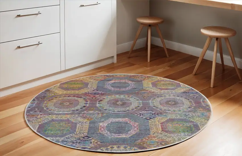 6' Blue Red and Orange Geometric Distressed Non Skid Round Rug Photo 1