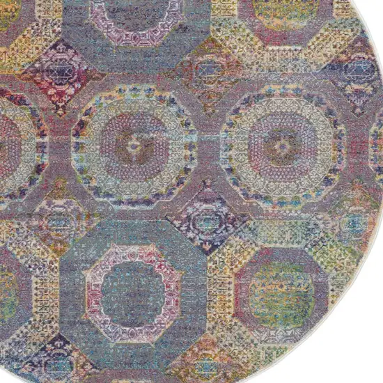 6' Blue Red and Orange Geometric Distressed Non Skid Round Rug Photo 7