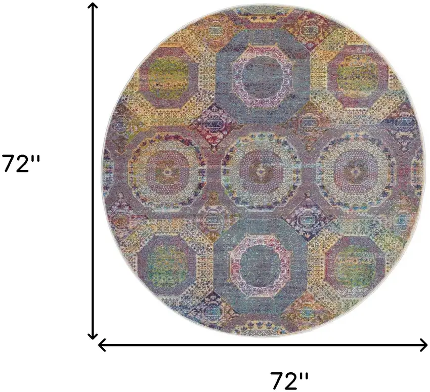 6' Blue Red and Orange Geometric Distressed Non Skid Round Rug Photo 3
