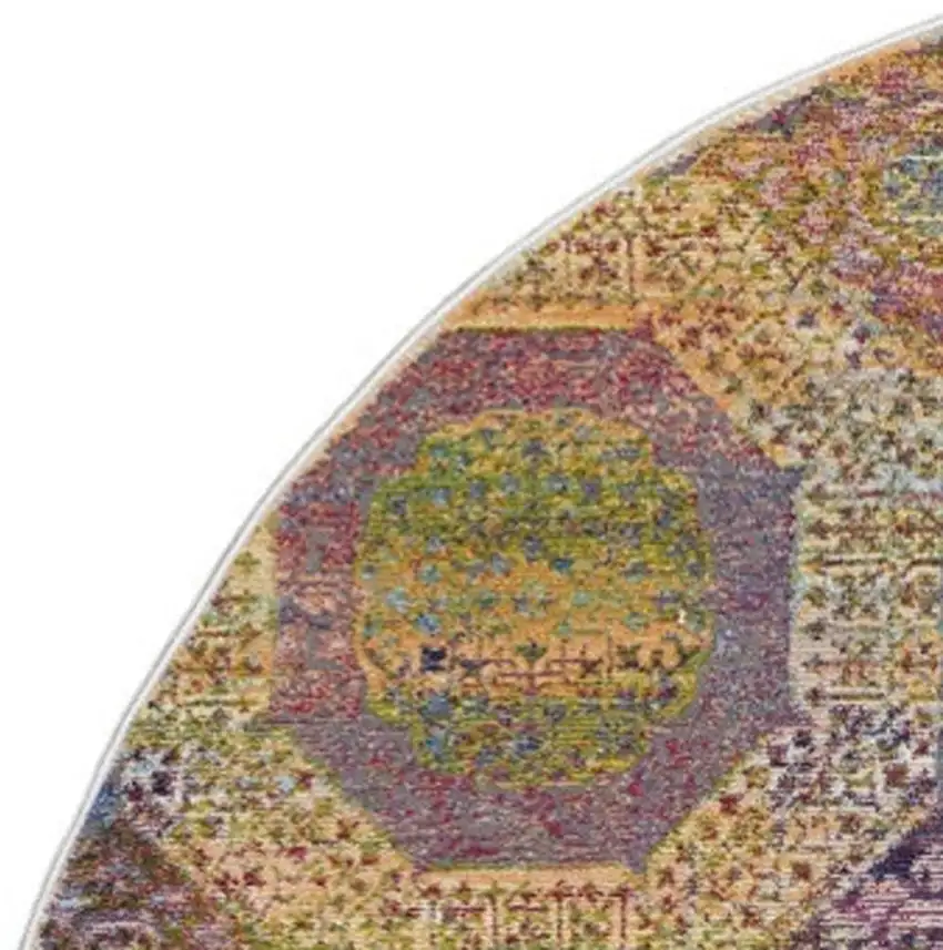 6' Blue Red and Orange Geometric Distressed Non Skid Round Rug Photo 3