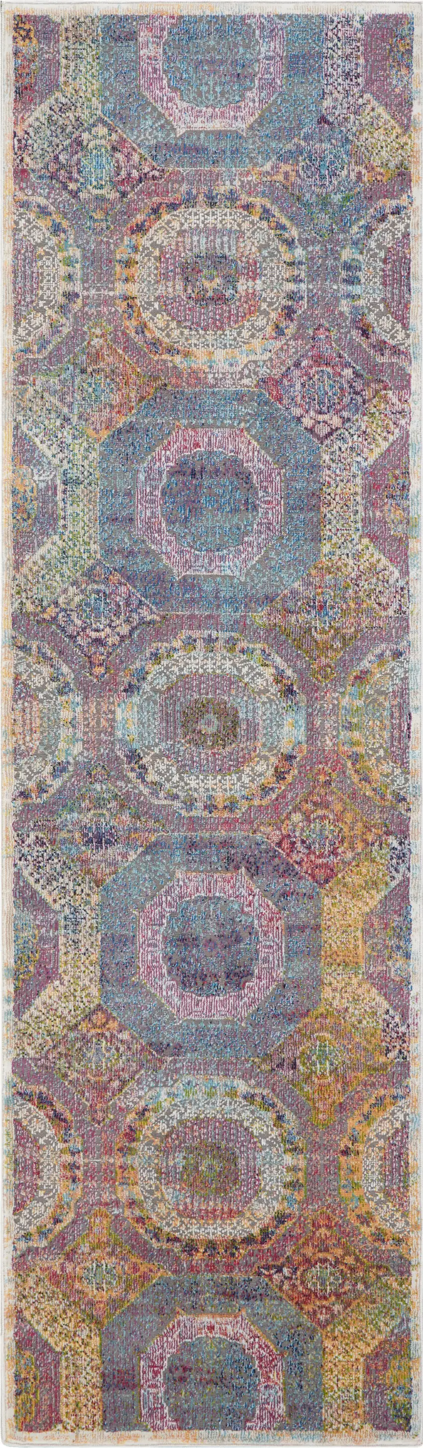 6' Blue Red and Orange Geometric Distressed Non Skid Runner Rug Photo 9