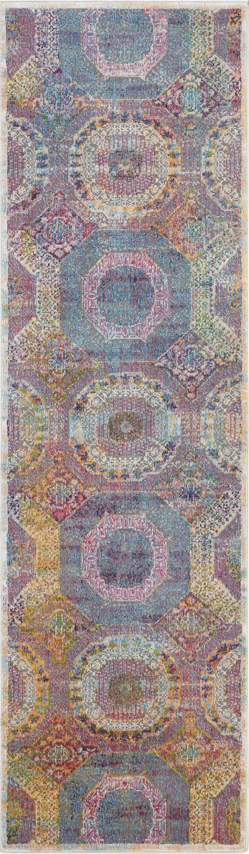 6' Blue Red and Orange Geometric Distressed Non Skid Runner Rug Photo 2