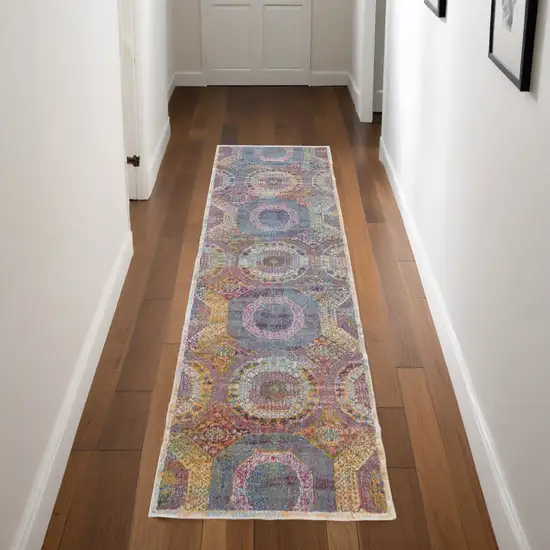 8' Blue Red and Orange Geometric Distressed Non Skid Runner Rug Photo 1