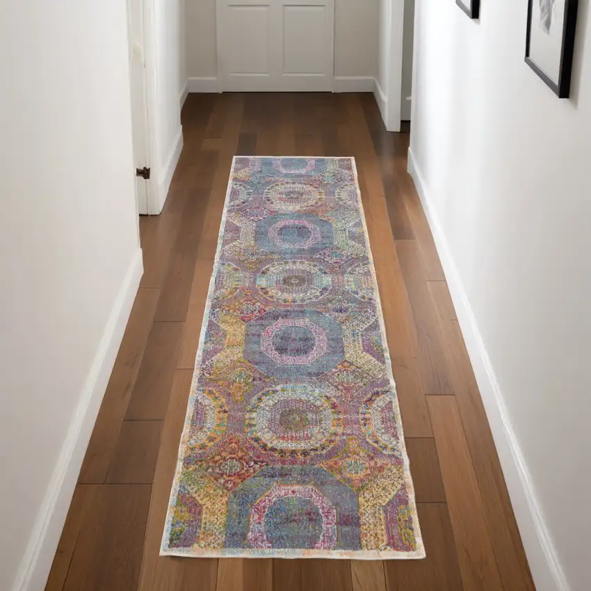 8' Blue Red and Orange Geometric Distressed Non Skid Runner Rug Photo 1