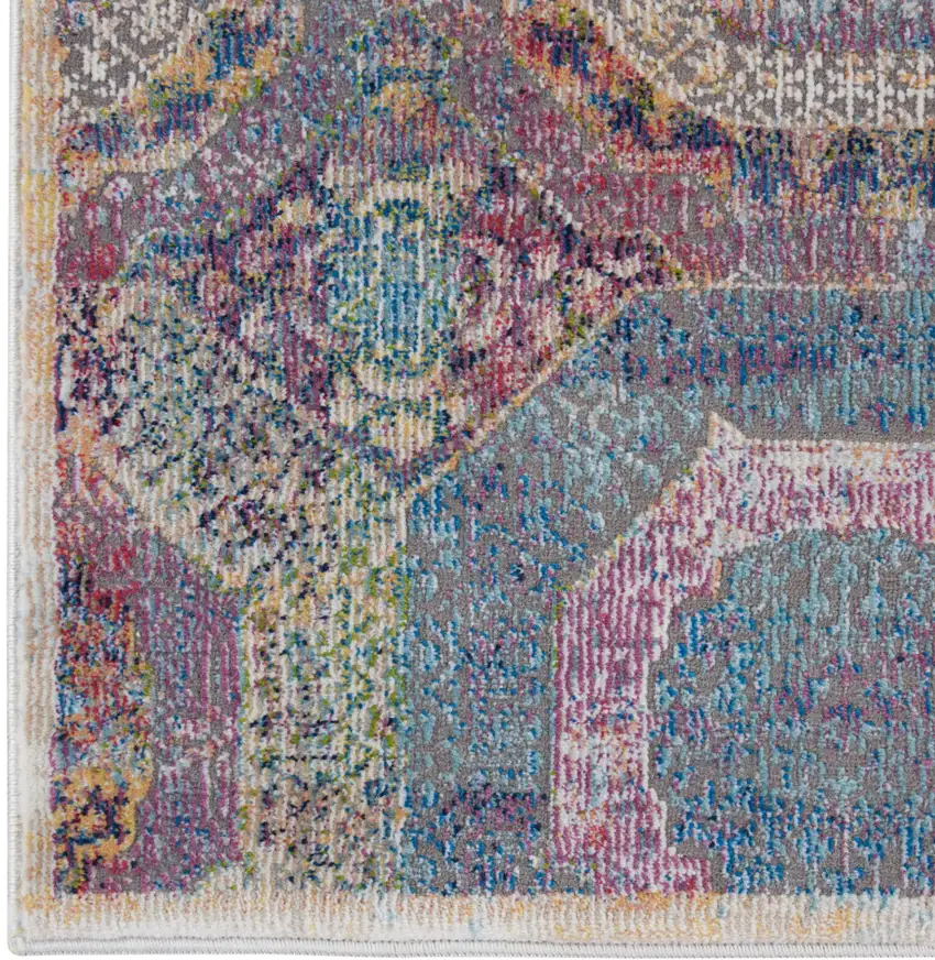 8' Blue Red and Orange Geometric Distressed Non Skid Runner Rug Photo 5