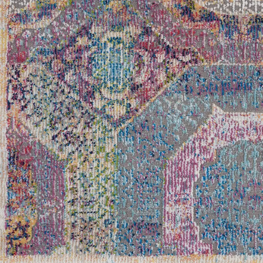 8' Blue Red and Orange Geometric Distressed Non Skid Runner Rug Photo 8