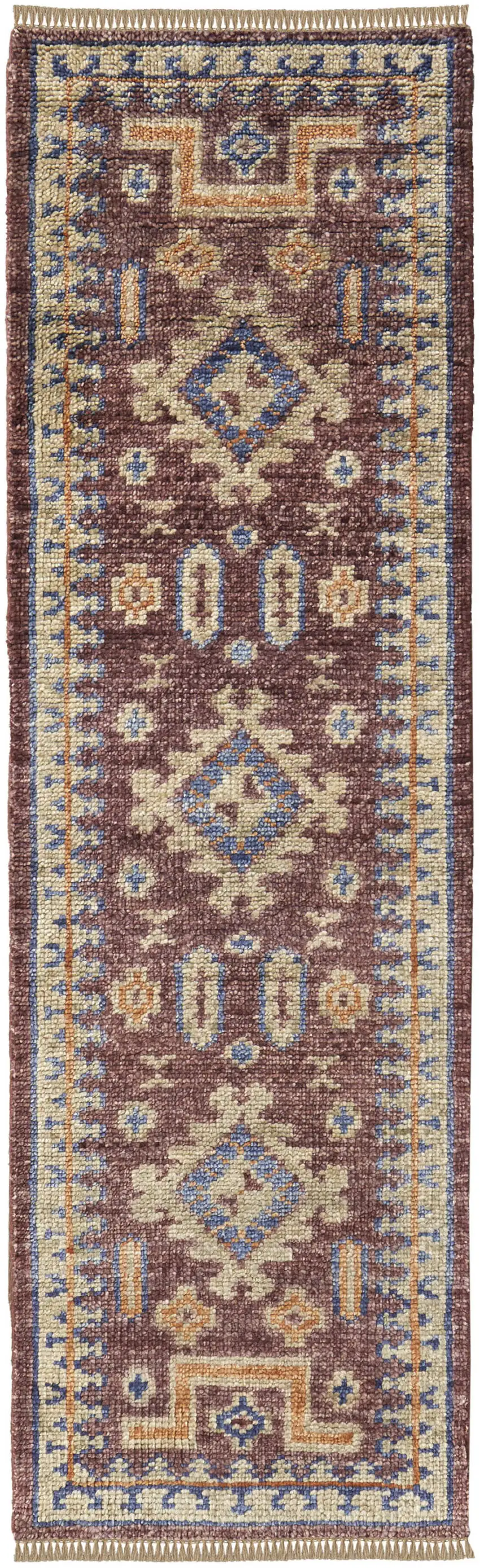 12' Blue Red and Tan Wool Geometric Hand Knotted Runner Rug With Fringe Photo 2