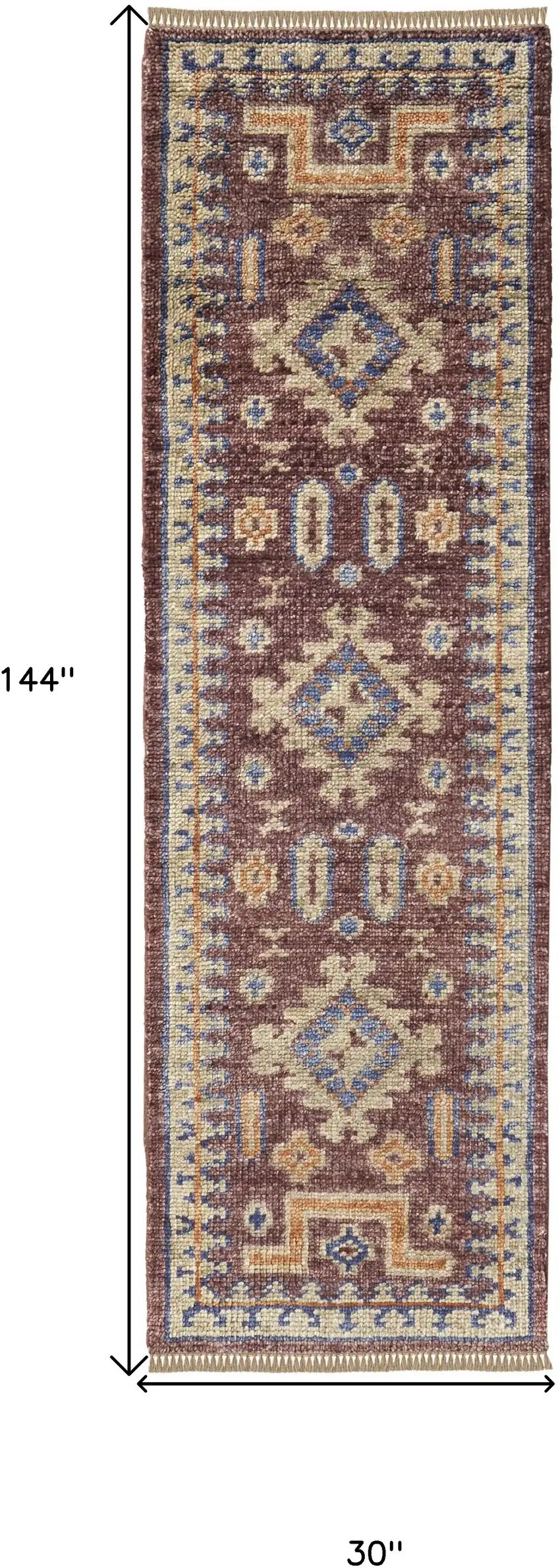 12' Blue Red and Tan Wool Geometric Hand Knotted Runner Rug With Fringe Photo 3