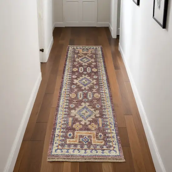 8' Blue Red and Tan Wool Geometric Hand Knotted Runner Rug With Fringe Photo 1