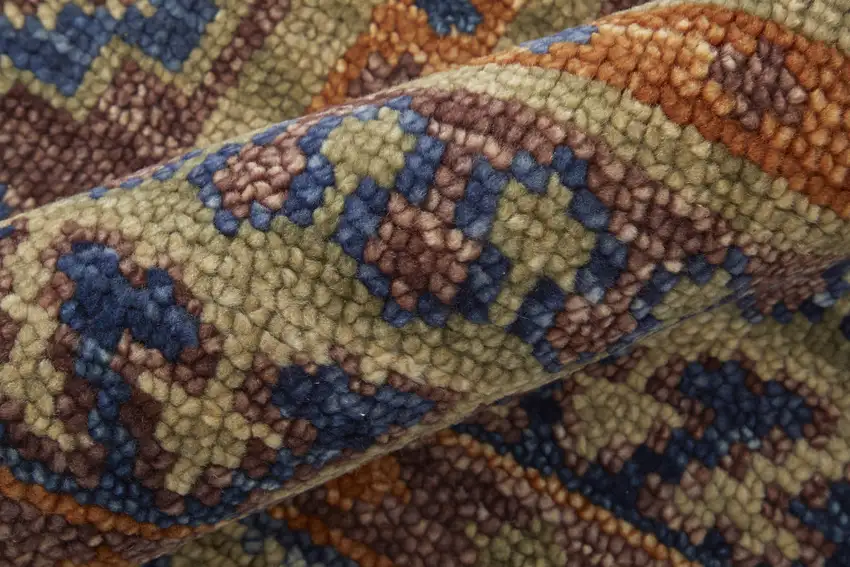 8' Blue Red and Tan Wool Geometric Hand Knotted Runner Rug With Fringe Photo 7