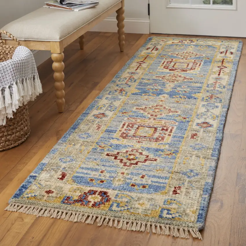 12' Blue Red and Yellow Wool Geometric Hand Knotted Runner Rug With Fringe Photo 7