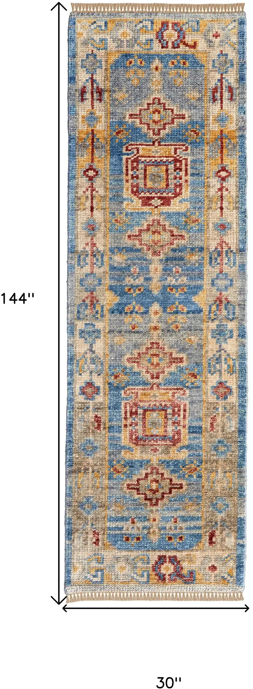 12' Blue Red and Yellow Wool Geometric Hand Knotted Runner Rug With Fringe Photo 3