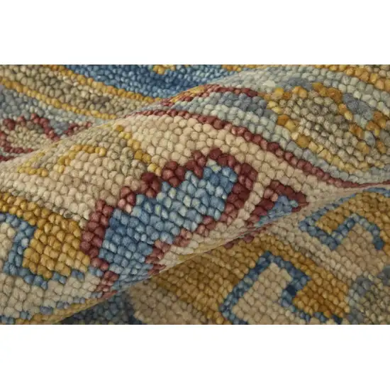 12' Blue Red and Yellow Wool Geometric Hand Knotted Runner Rug With Fringe Photo 9