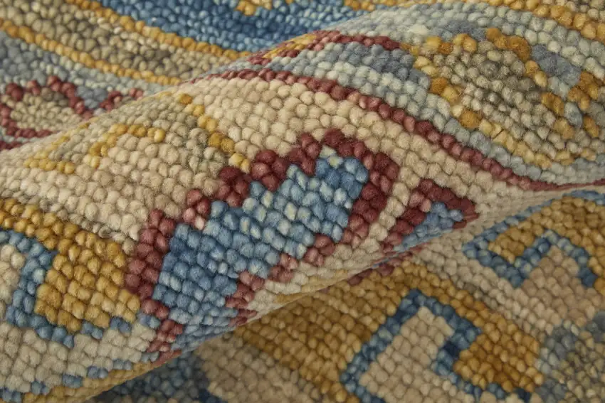 12' Blue Red and Yellow Wool Geometric Hand Knotted Runner Rug With Fringe Photo 9