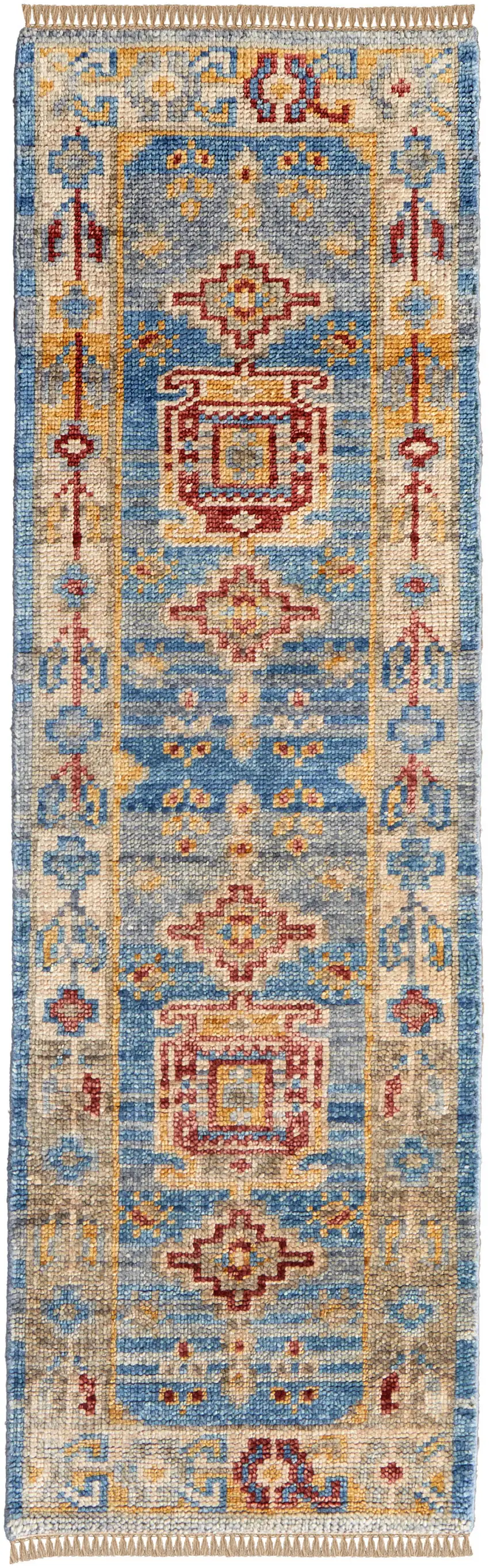 12' Blue Red and Yellow Wool Geometric Hand Knotted Runner Rug With Fringe Photo 2