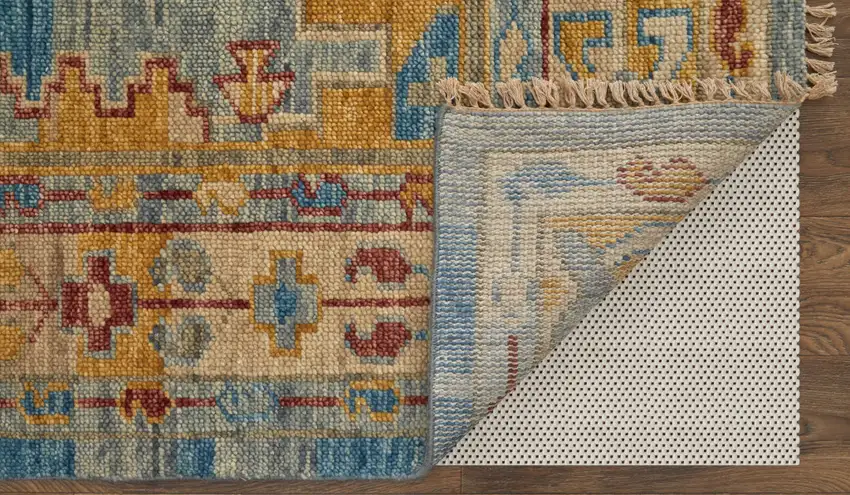 12' Blue Red and Yellow Wool Geometric Hand Knotted Runner Rug With Fringe Photo 5