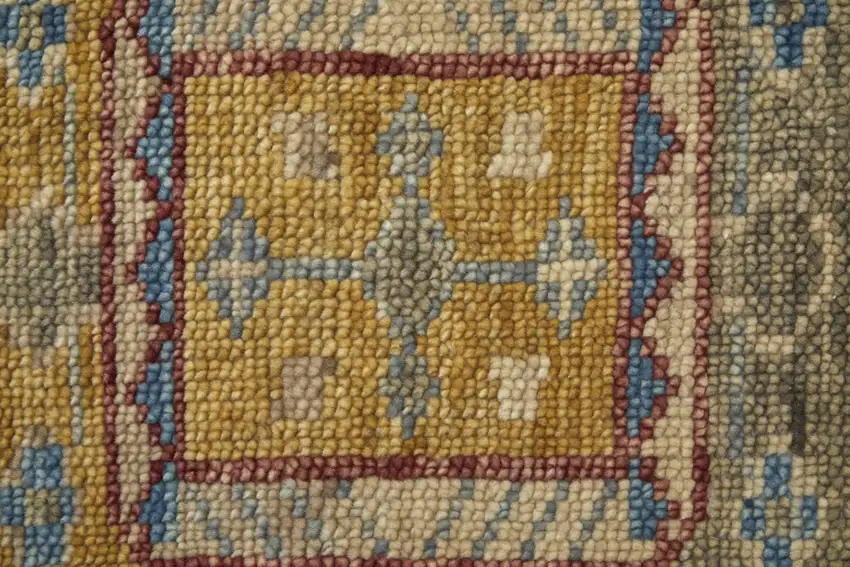 14' Blue Red and Yellow Wool Geometric Hand Knotted Runner Rug With Fringe Photo 9