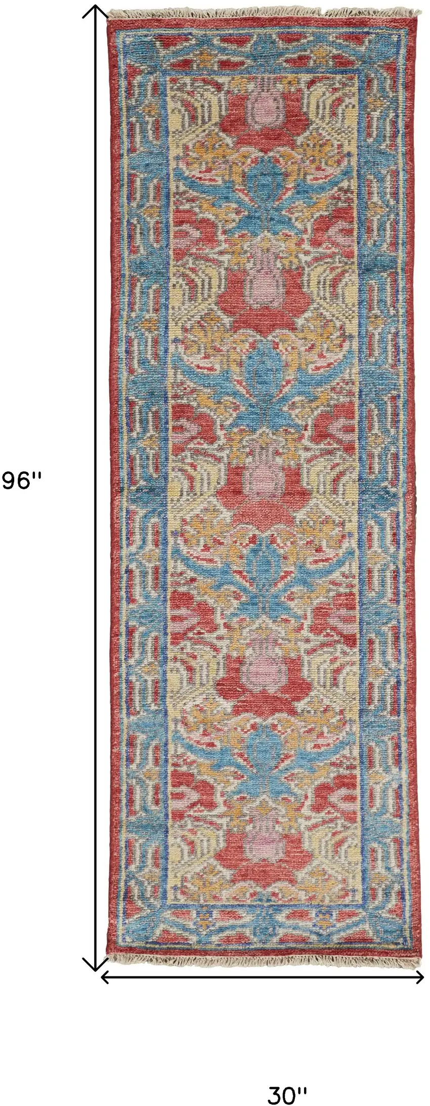 8' Blue Red and Yellow Wool Oriental Hand Knotted Runner Rug Photo 3