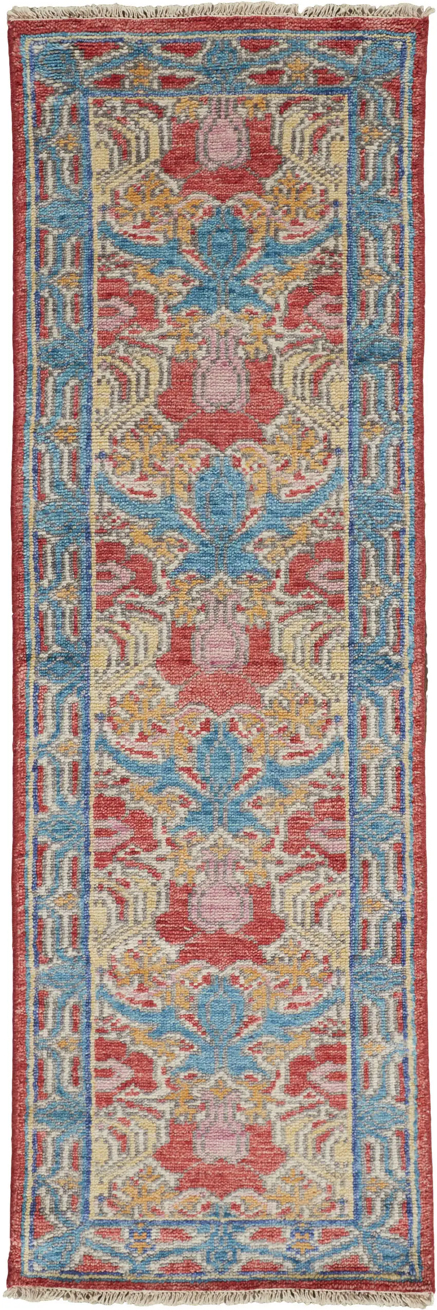 8' Blue Red and Yellow Wool Oriental Hand Knotted Runner Rug Photo 2