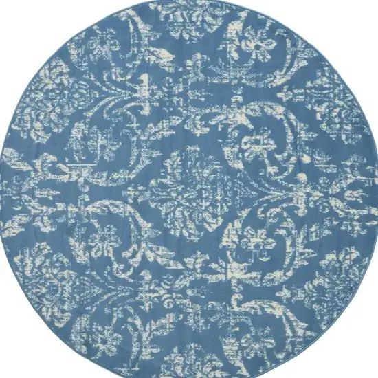 5' Blue Round Damask Power Loom Area Rug Photo 4