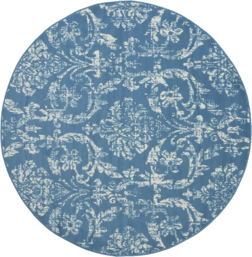 5' Blue Round Damask Power Loom Area Rug Photo 1