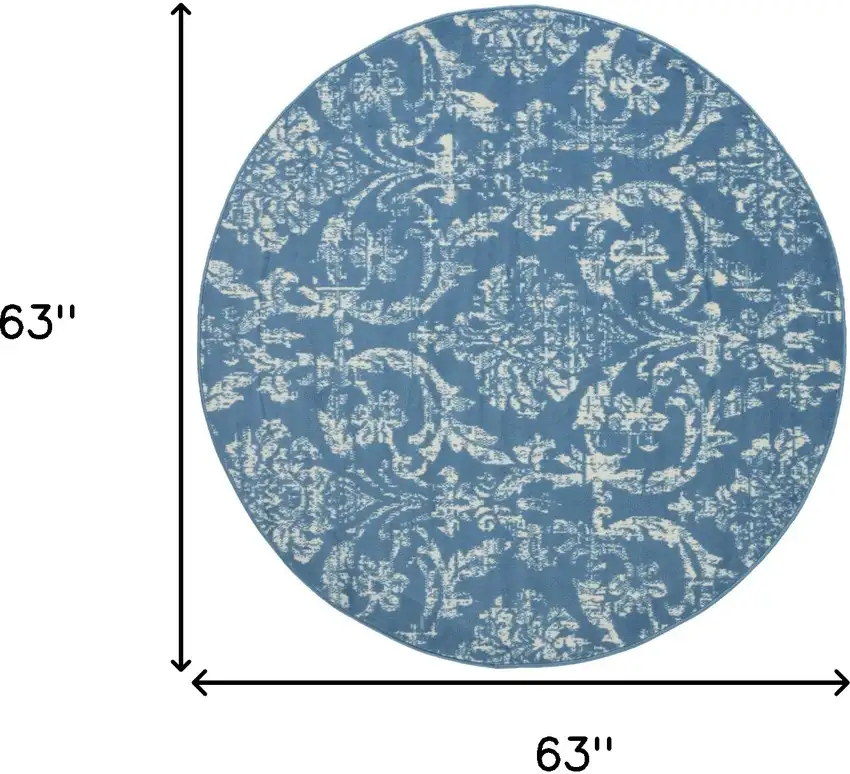 5' Blue Round Damask Power Loom Area Rug Photo 6