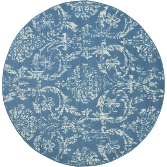 5' Blue Round Damask Power Loom Area Rug Photo 4