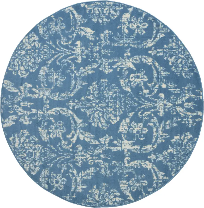 5' Blue Round Damask Power Loom Area Rug Photo 4