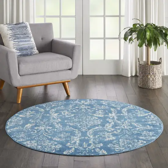 5' Blue Round Damask Power Loom Area Rug Photo 5