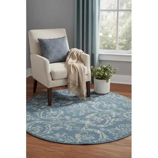 5' Blue Round Damask Power Loom Area Rug Photo 7