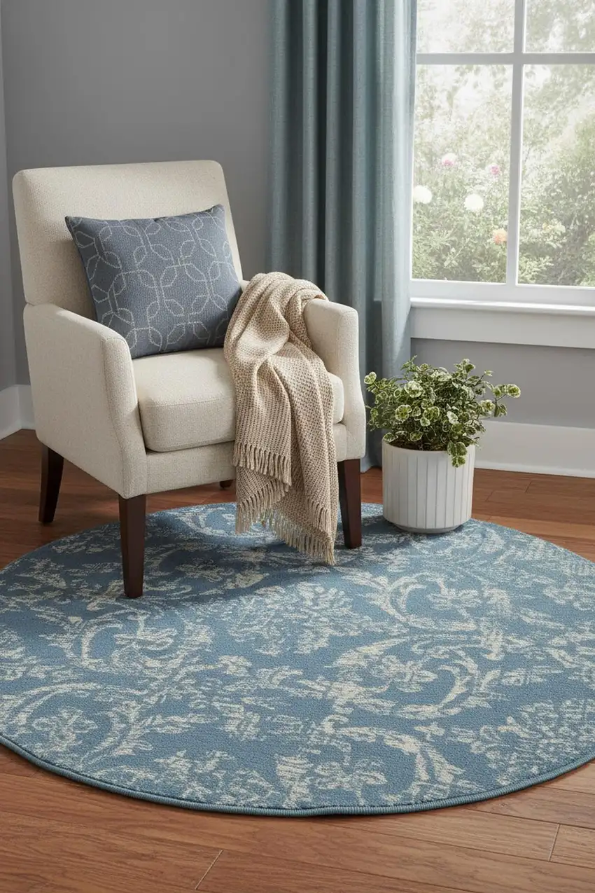 5' Blue Round Damask Power Loom Area Rug Photo 7