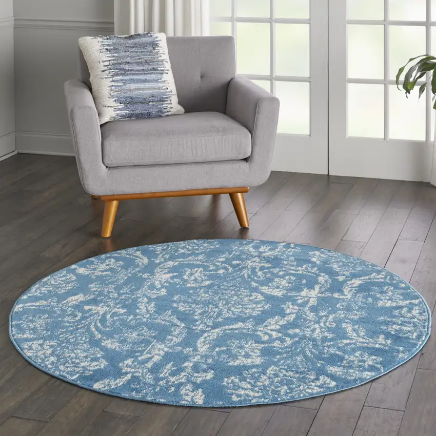 5' Blue Round Damask Power Loom Area Rug Photo 5