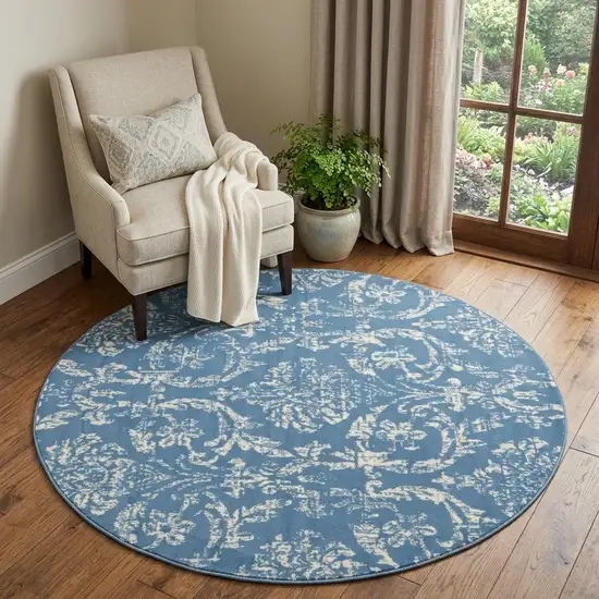 5' Blue Round Damask Power Loom Area Rug Photo 1