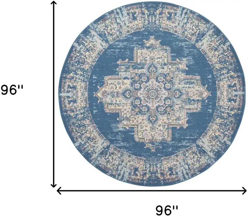 8' Blue Round Damask Power Loom Area Rug Photo 7