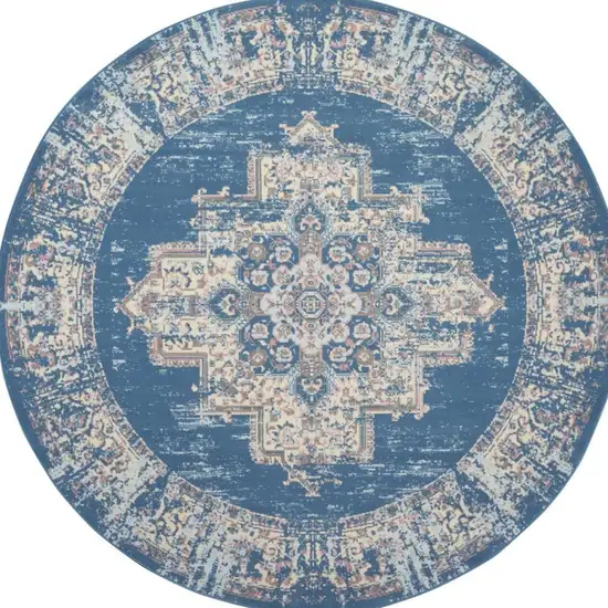 8' Blue Round Damask Power Loom Area Rug Photo 7