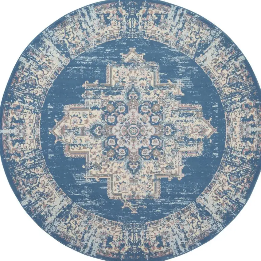8' Blue Round Damask Power Loom Area Rug Photo 7