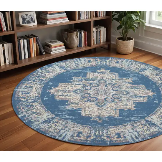 8' Blue Round Damask Power Loom Area Rug Photo 1