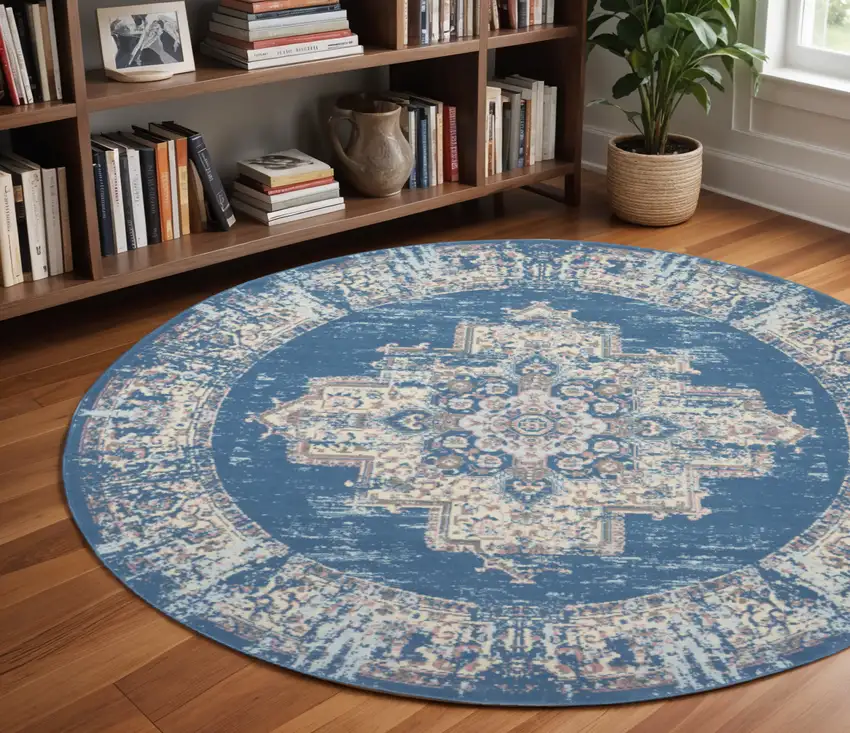 8' Blue Round Damask Power Loom Area Rug Photo 1