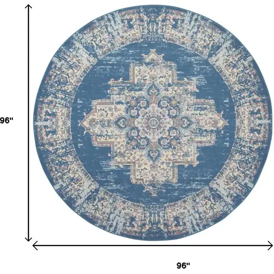 8' Blue Round Damask Power Loom Area Rug Photo 3