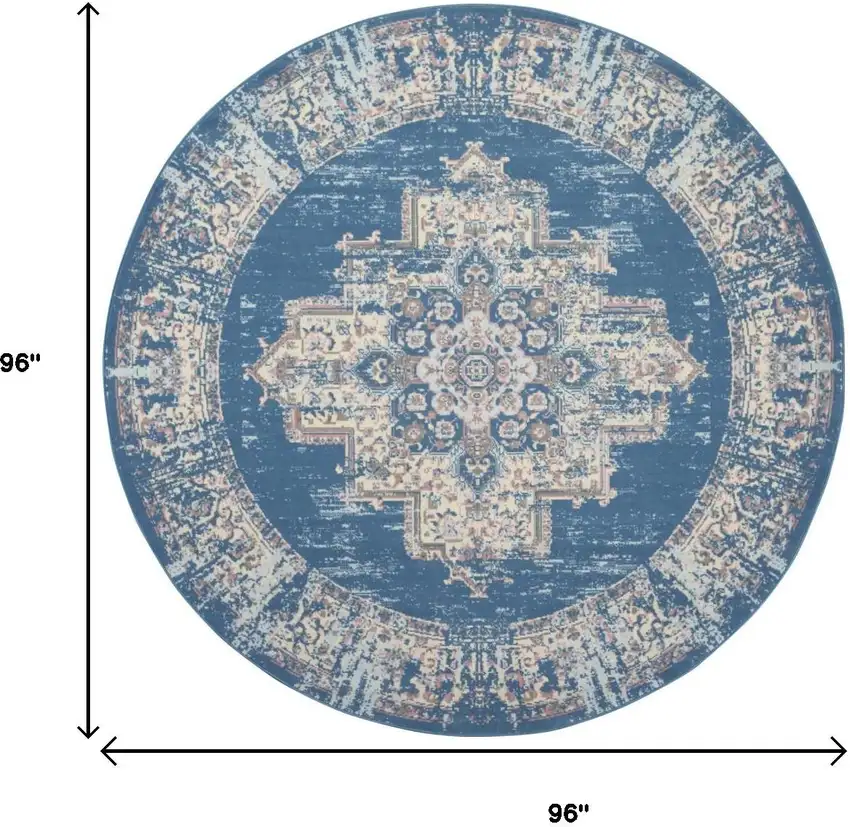 8' Blue Round Damask Power Loom Area Rug Photo 3