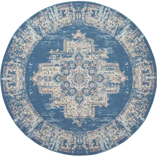 8' Blue Round Damask Power Loom Area Rug Photo 2