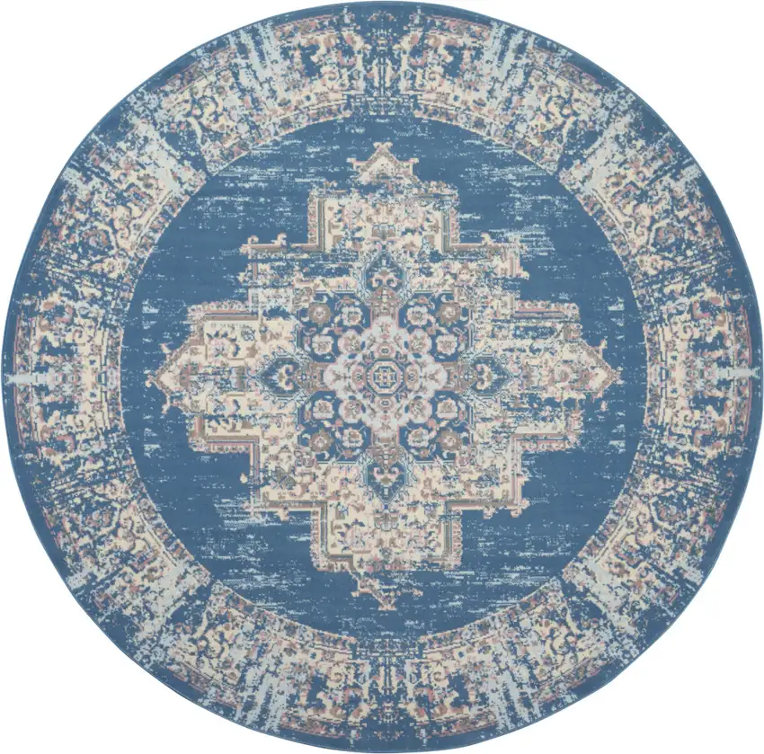 8' Blue Round Damask Power Loom Area Rug Photo 2