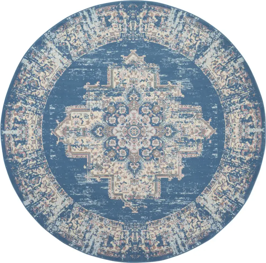 8' Blue Round Damask Power Loom Area Rug Photo 8