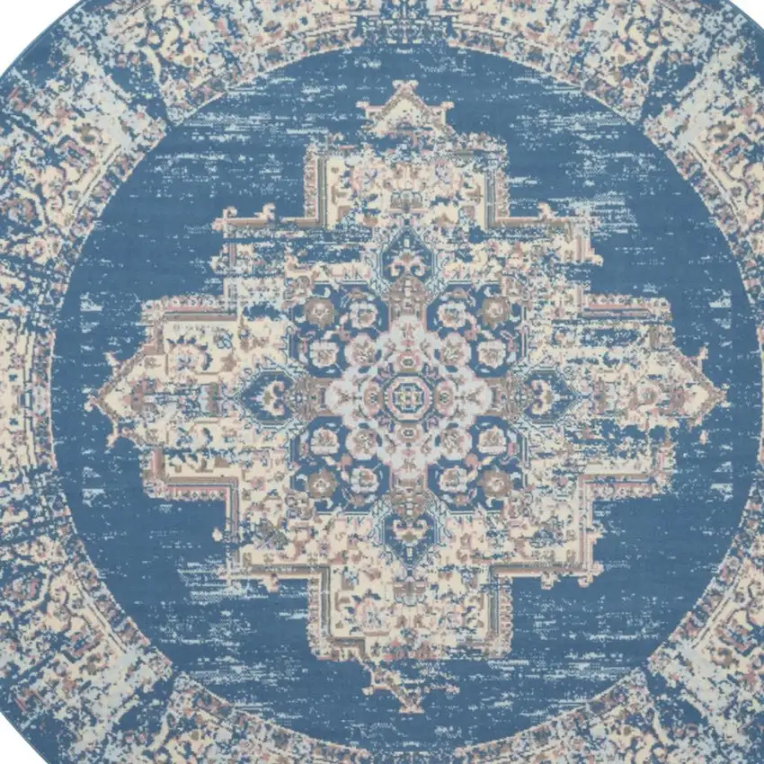 8' Blue Round Damask Power Loom Area Rug Photo 4