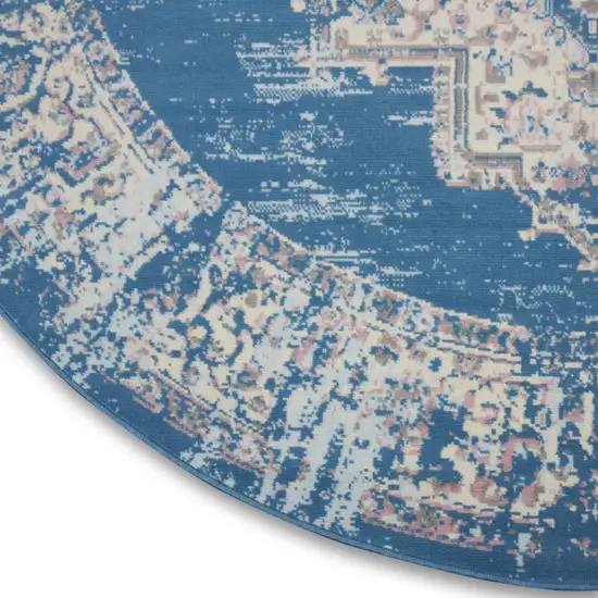 8' Blue Round Damask Power Loom Area Rug Photo 9